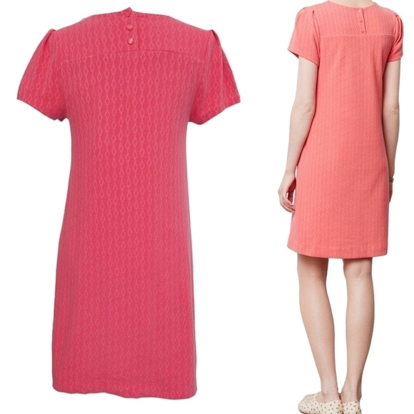 Maeve Anthropologie Coral Pink Diamond Geo Pattern Short Sleeve Shift Dress - Picture 2 of 8